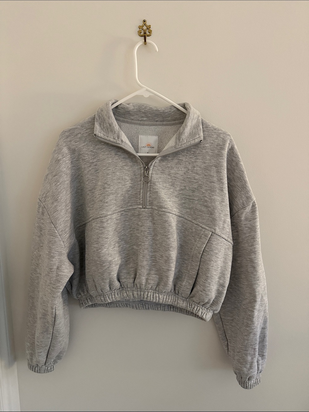 Lazy Sunday Light Gray Half-Zip Cropped Sweatshirt